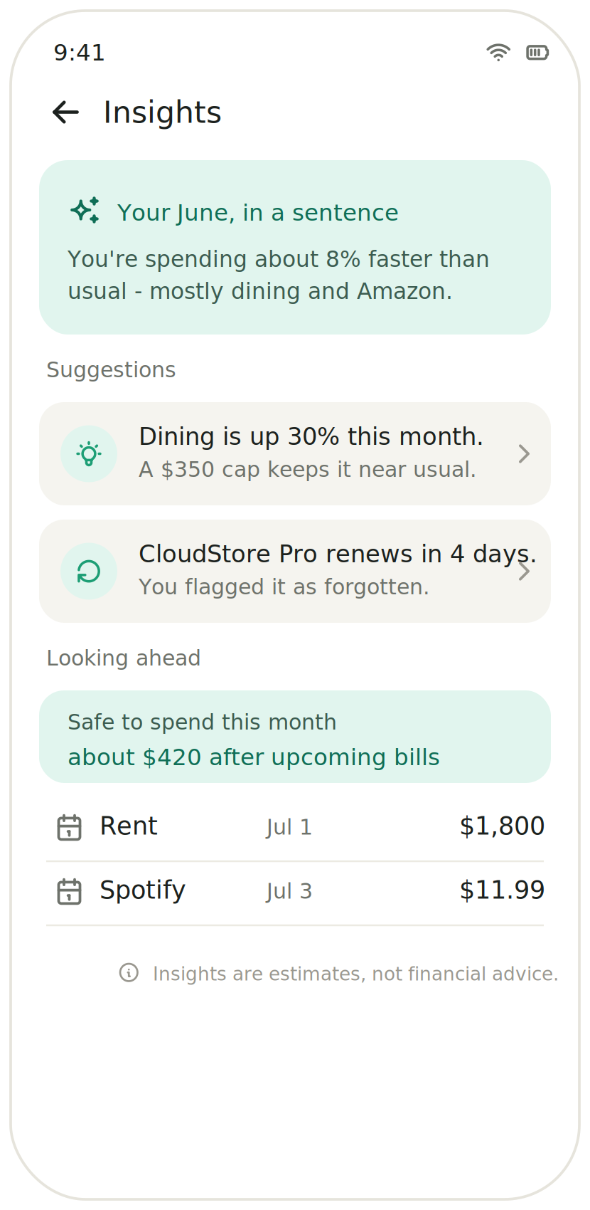 PF2 insights screen with a plain-language spending summary