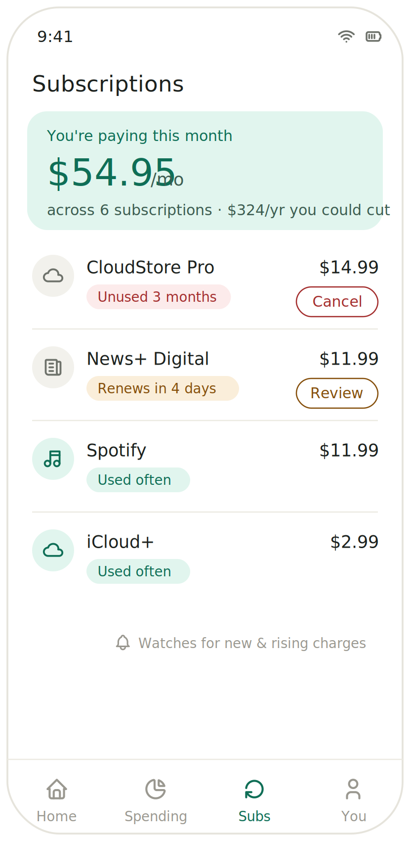 PF2 subscriptions screen listing recurring charges